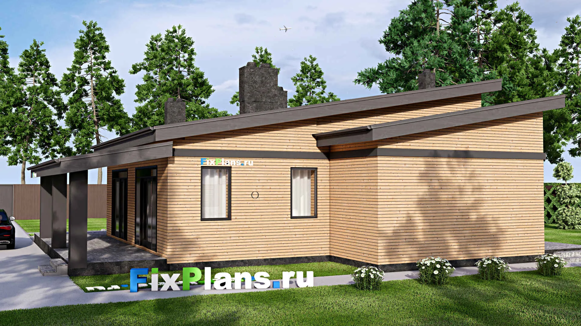 F-16694 - Проект одноэтажного дома 15 на 16, площадью 190 м² с террасой и 2 спальнями