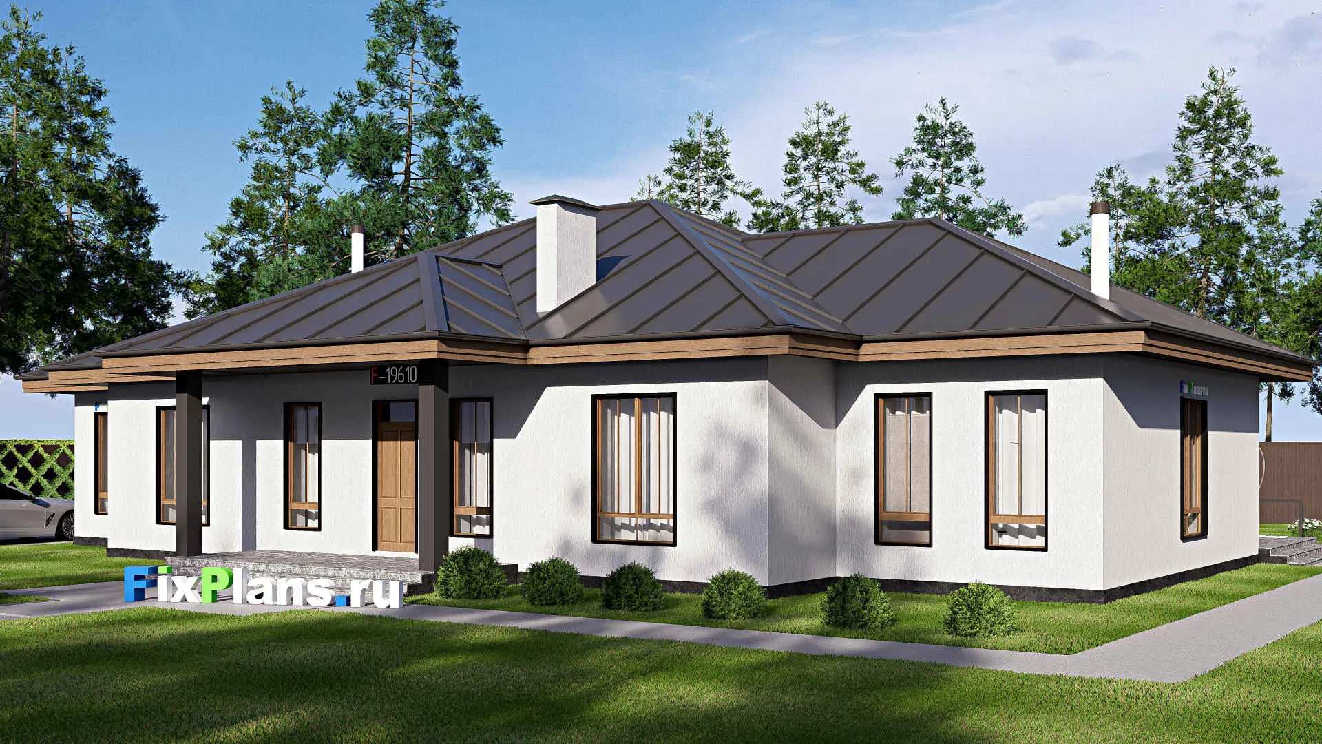 F-19610 - Проект одноэтажного дома 17 на 23, площадью 280 м² с террасой и 5 спальнями