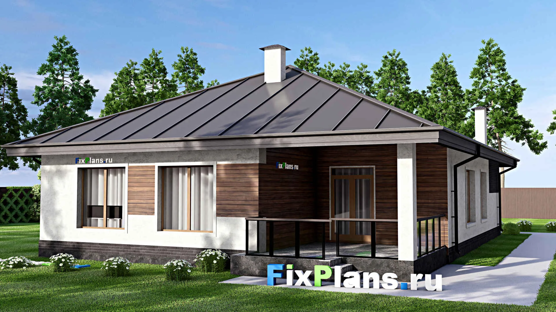 F-14291 - План одноэтажного дома 13 на 18, площадью 180 м² с террасой, гаражом на 1 машину и 3 спальнями