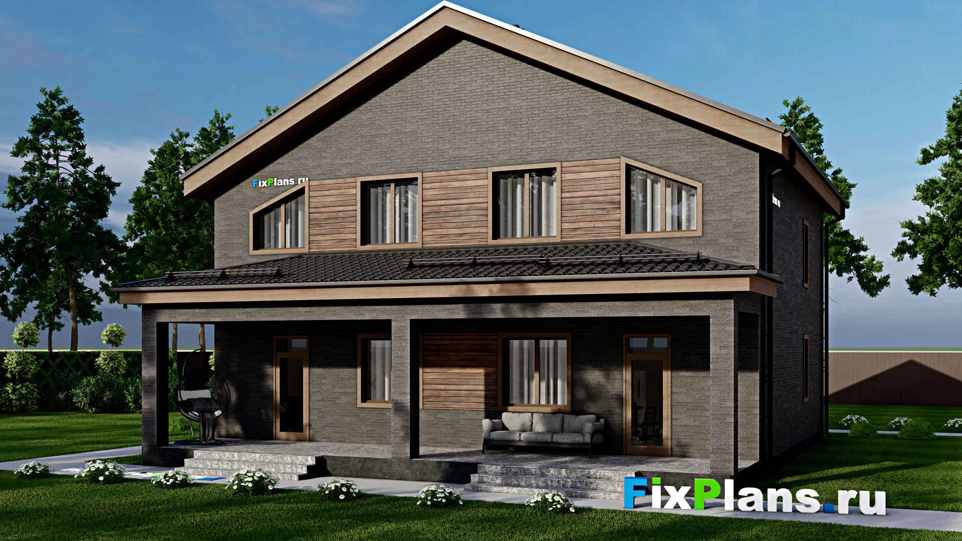 F-4454 - Проект дома с мансардой 11 на 13, площадью 240 м² с террасой и 6 спальнями