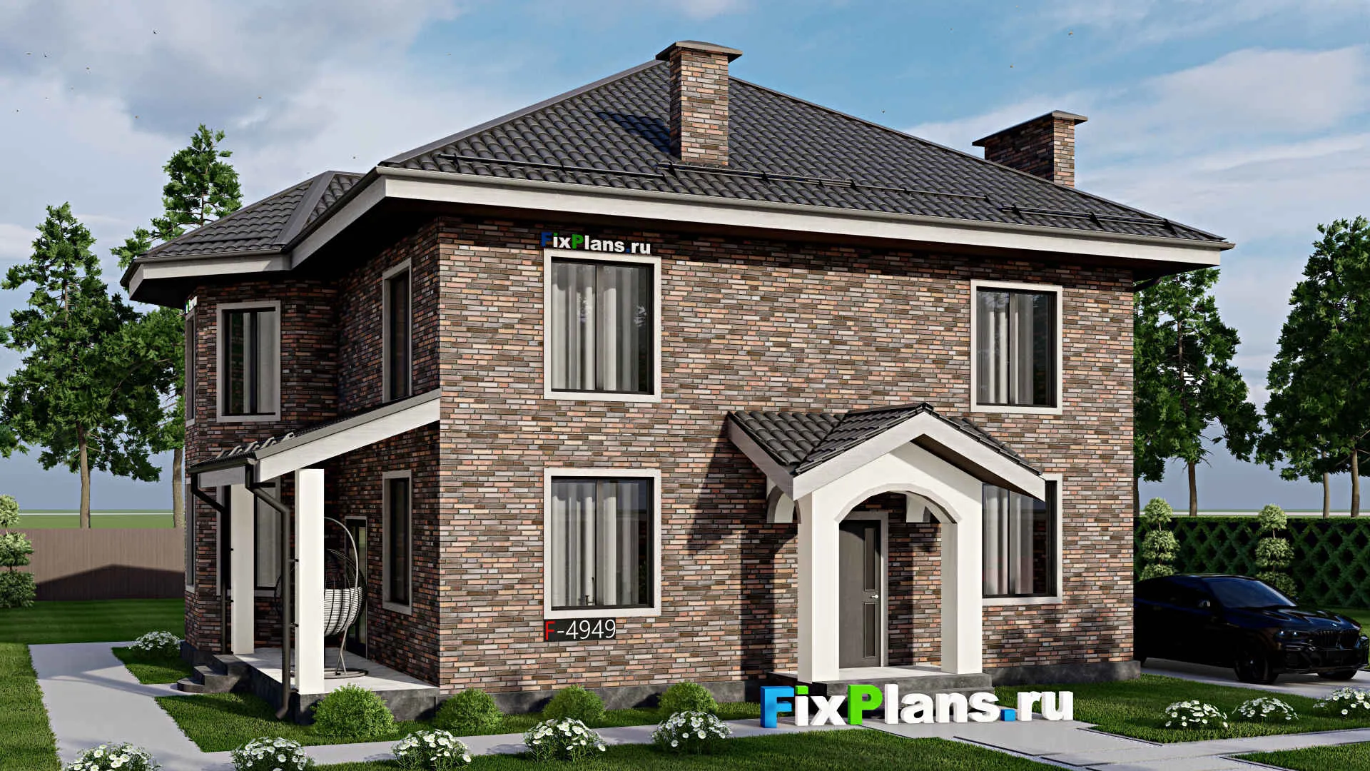 F-4949 - Проект двухэтажного дома 11 на 13, площадью 190 м² с террасой и 3 спальнями