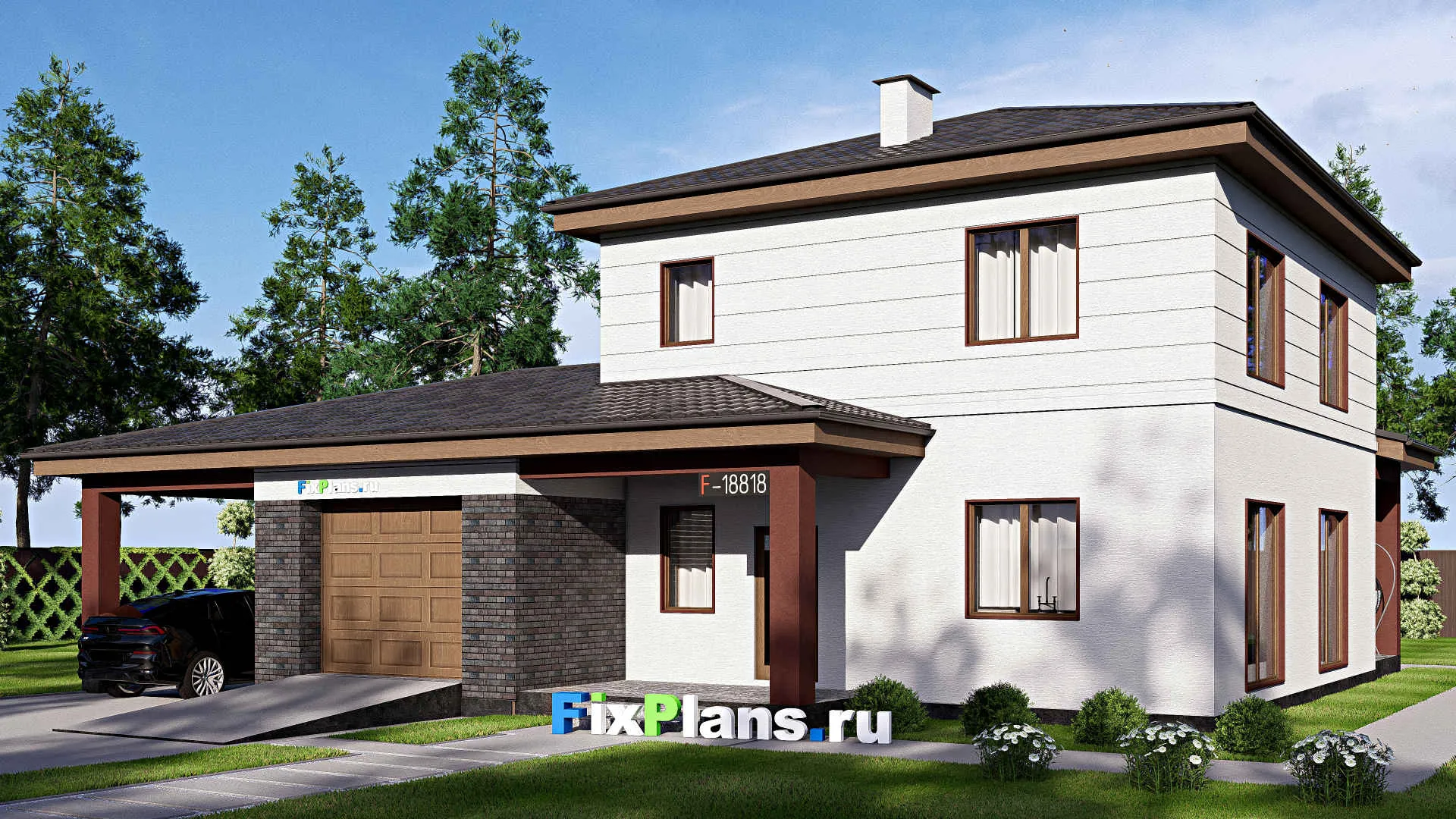 F-18818 - Проект двухэтажного дома 16 на 18, площадью 240 м² с террасой, гаражом на 1 машину и 4 спальнями