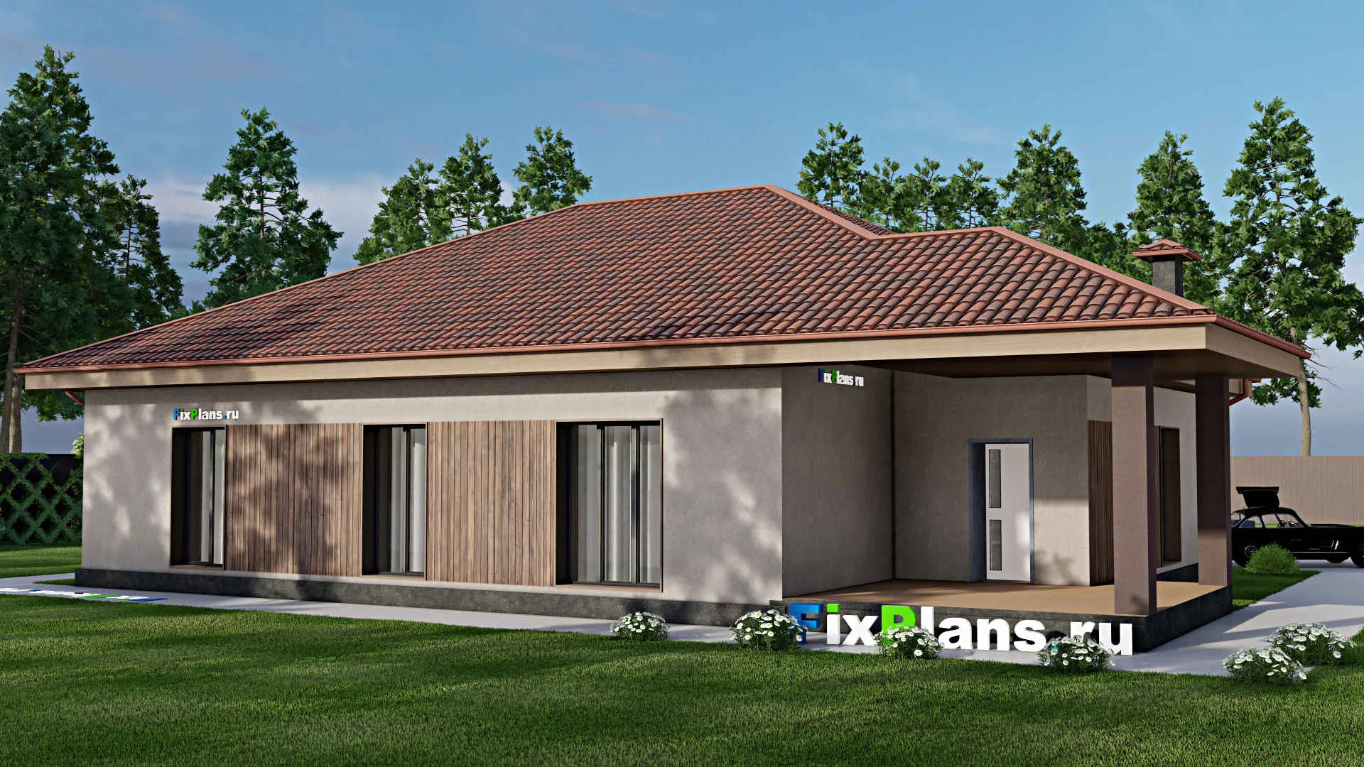 F-8261 - Проект одноэтажного дома 19 на 20, площадью 230 м² с террасой, гаражом на 2 машины и 3 спальнями