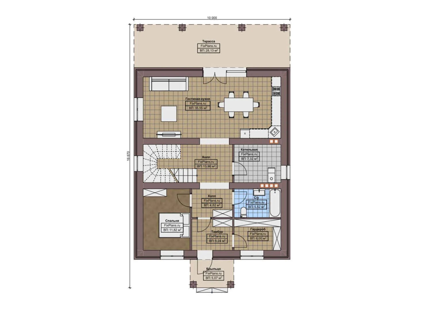 F-9413 - Планы двухэтажного дома 10 на 17, площадью 210 м² с террасой и 5 спальнями