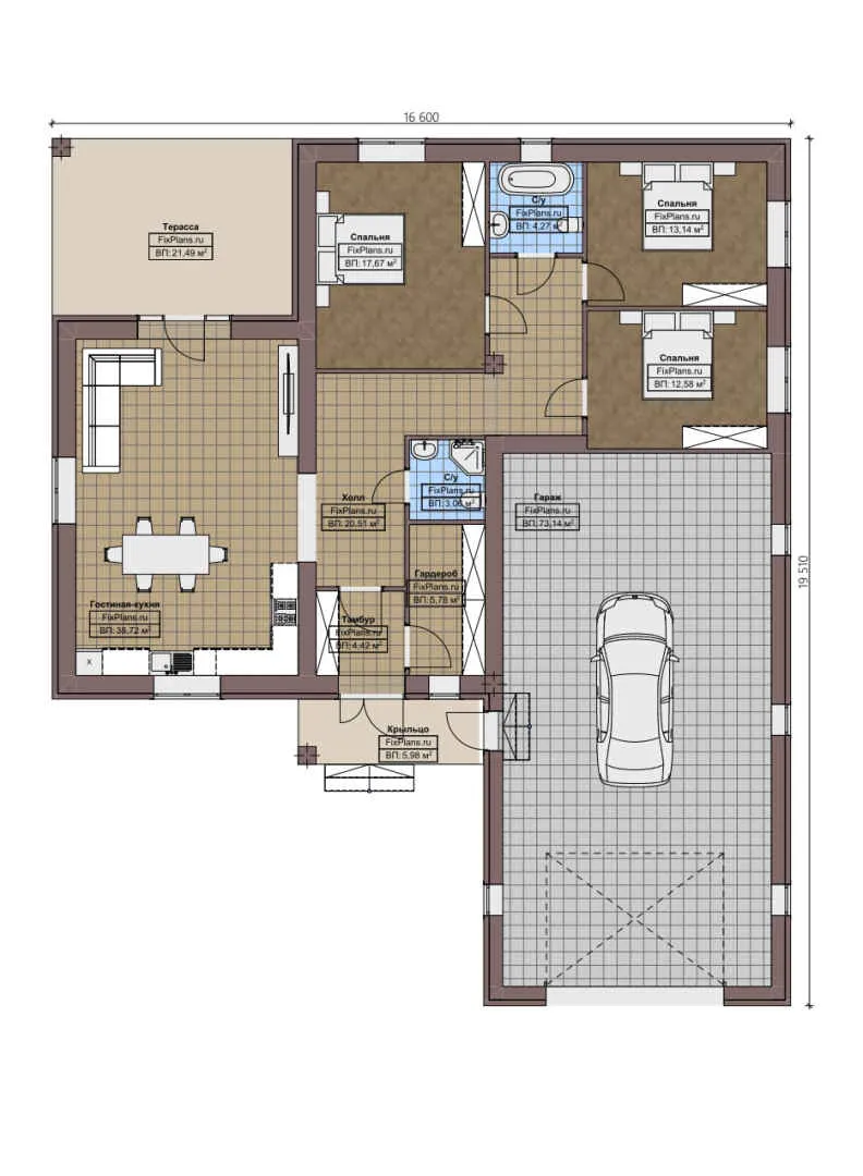 F-3365 - План одноэтажного дома 17 на 20, площадью 230 м² с террасой, гаражом на 2 машины и 3 спальнями
