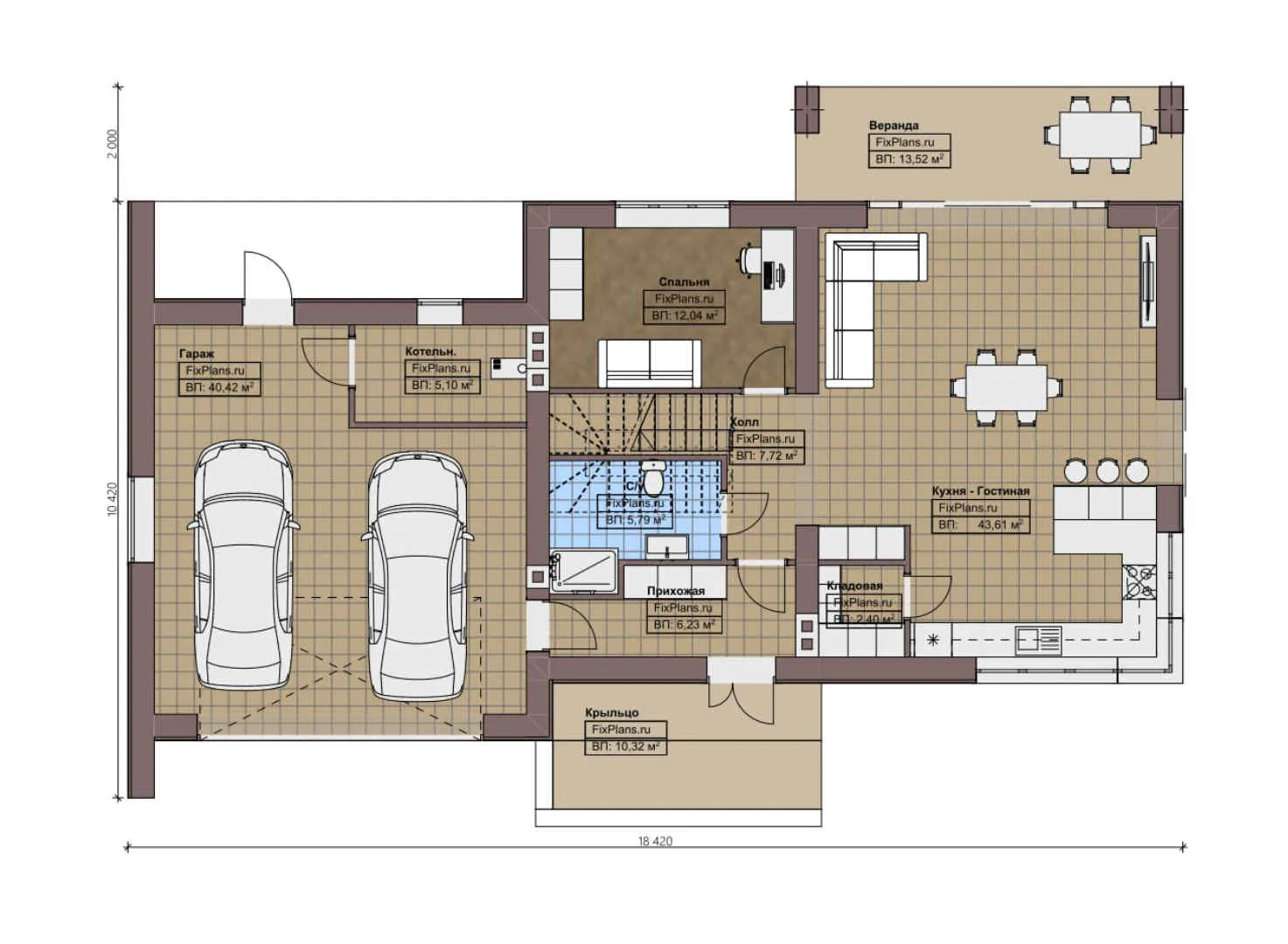 F-1871 - Планы двухэтажного дома 11 на 19, площадью 230 м² с террасой, балконом, гаражом на 2 машины и 4 спальнями