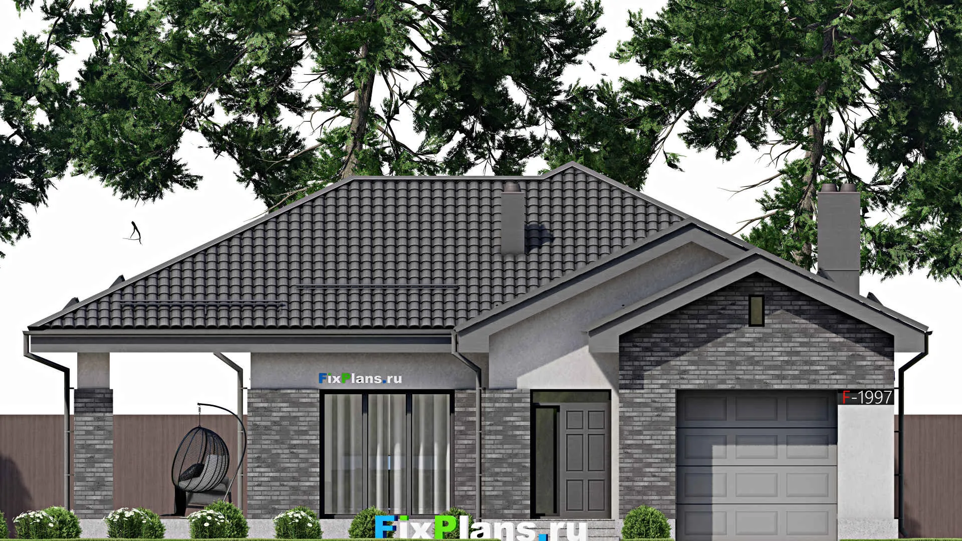 F-1997 - Проект одноэтажного дома 12 на 23, площадью 230 м² с террасой, гаражом на 2 машины и 3 спальнями