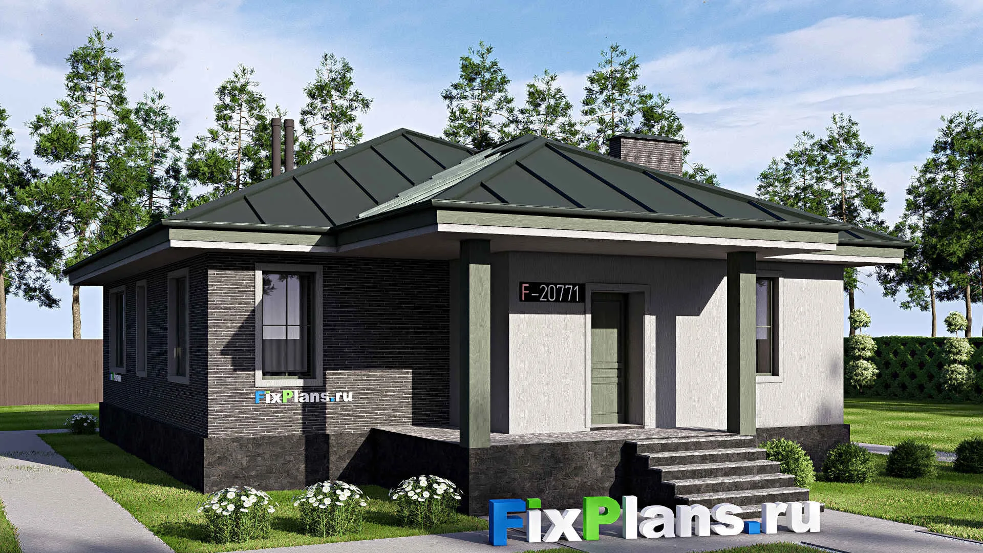 F-20771 - Проект одноэтажного дома 13 на 15, площадью 120 м² с террасой и 3 спальнями