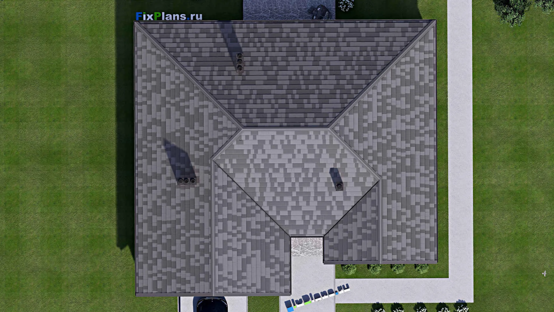 F-16730 - Проект одноэтажного дома 18 на 19, площадью 210 м² с террасой, гаражом на 2 машины и 4 спальнями