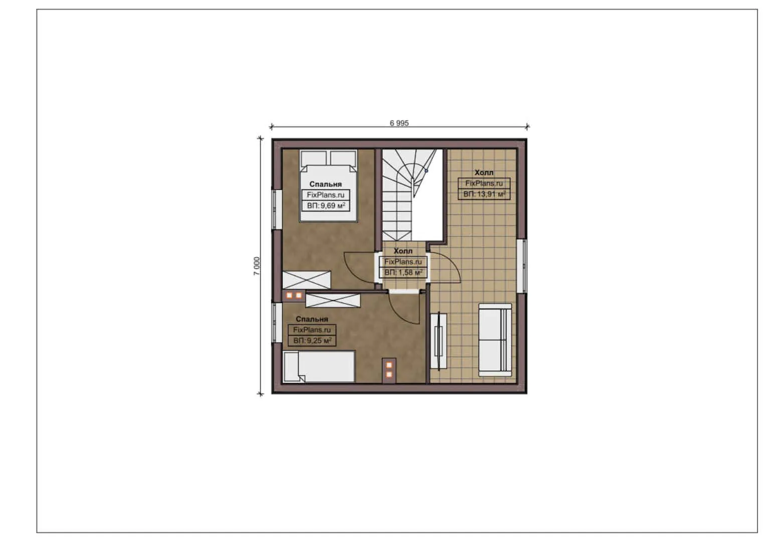 F-12194 - Планы дома с мансардой 7 на 10, площадью 100 м² с 3 спальнями