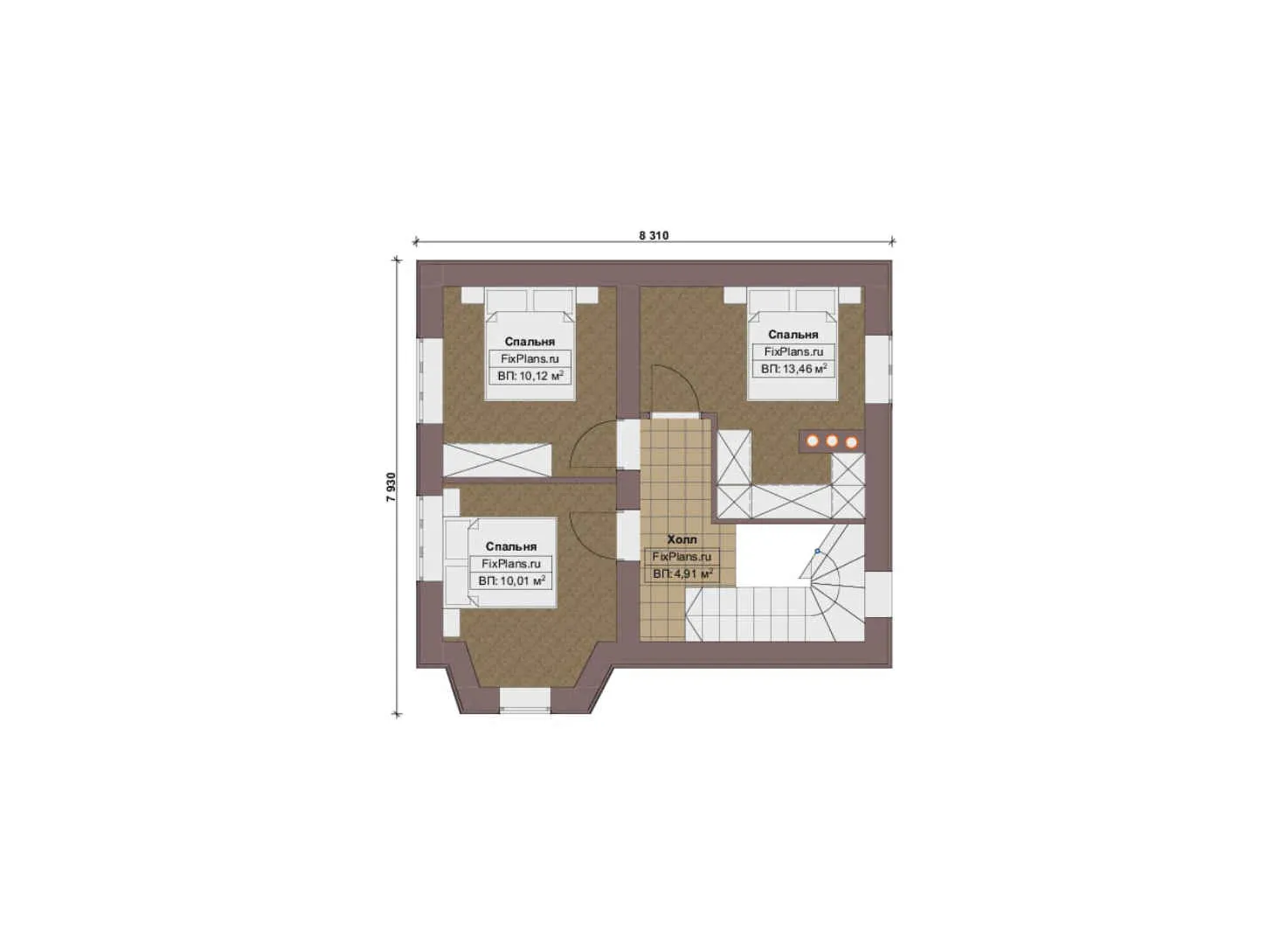 F-17477 - Планы дома с мансардой 9 на 9, площадью 90 м² с 4 спальнями