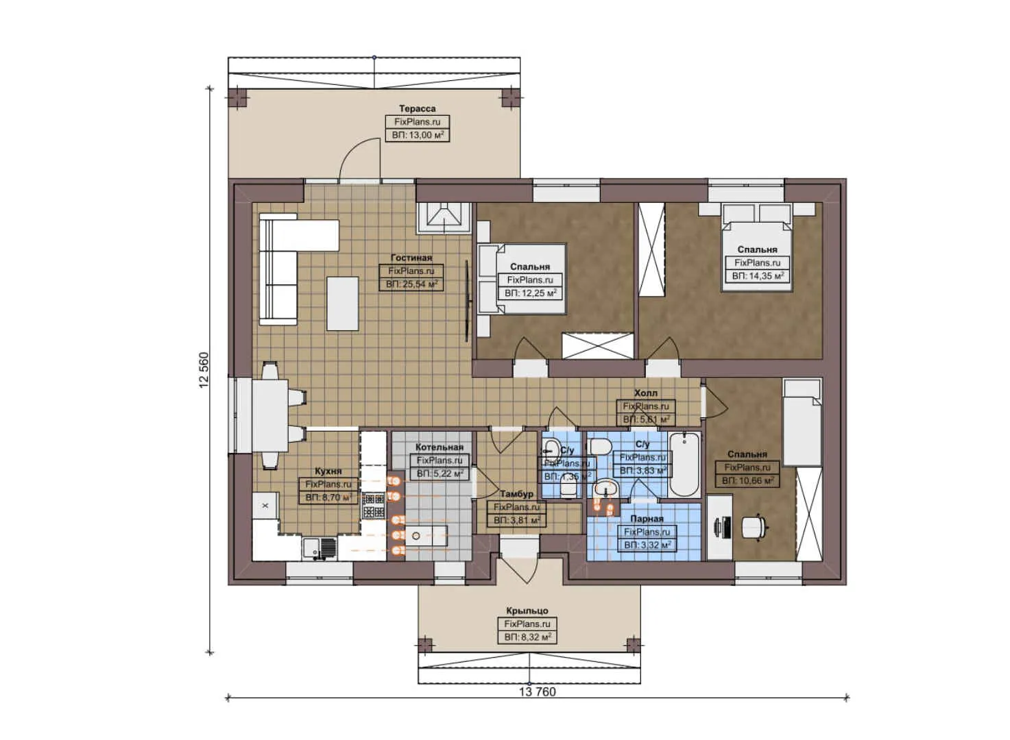 F-6992 - План одноэтажного дома 13 на 14, площадью 120 м² с террасой, баней и 3 спальнями