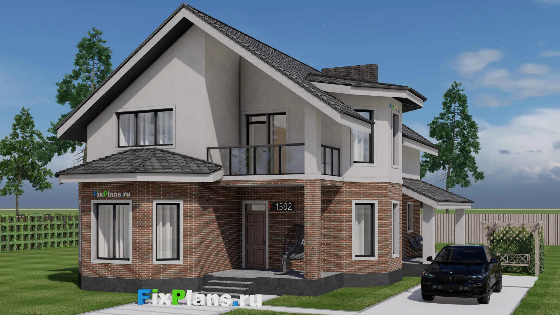 F-1592i - Проект дома с мансардой 11 на 15, площадью 210 м² с террасой и 5 спальнями