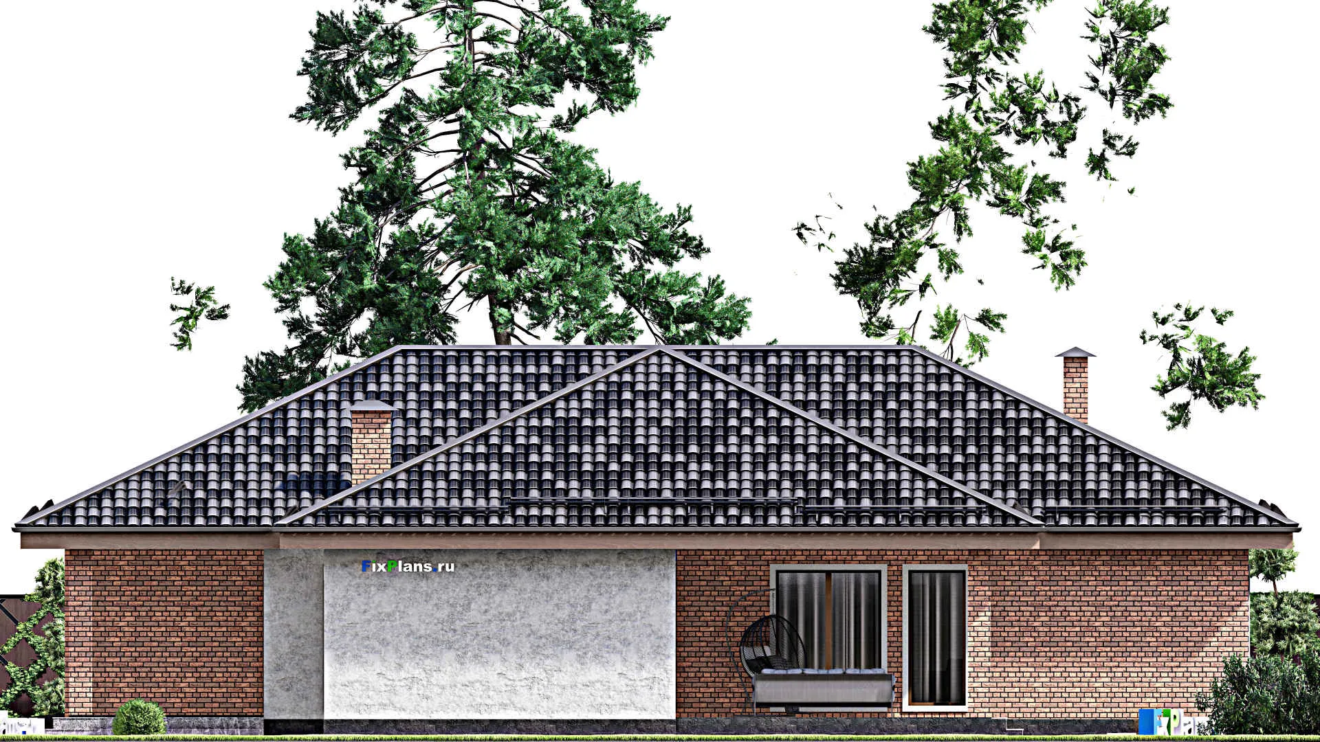 F-13481 - Проект одноэтажного дома 17 на 20, площадью 230 м² с террасой, гаражом на 2 машины и 3 спальнями