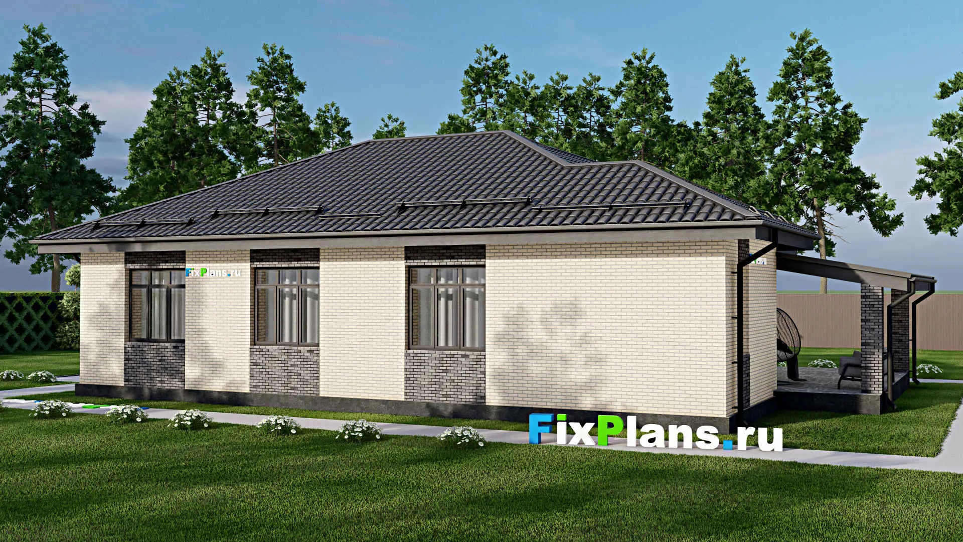 F-5453 - План одноэтажного дома 12 на 16, площадью 160 м² с террасой и 3 спальнями