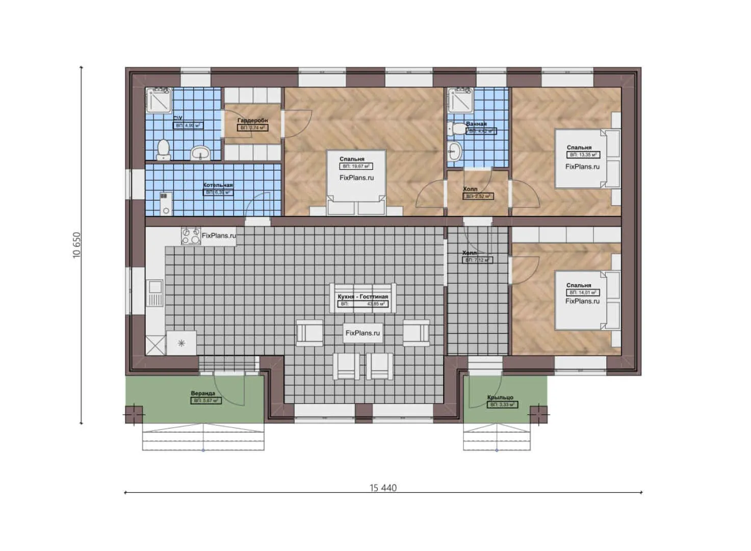 F-0008 - План одноэтажного дома 11 на 16, площадью 130 м² с террасой и 3 спальнями