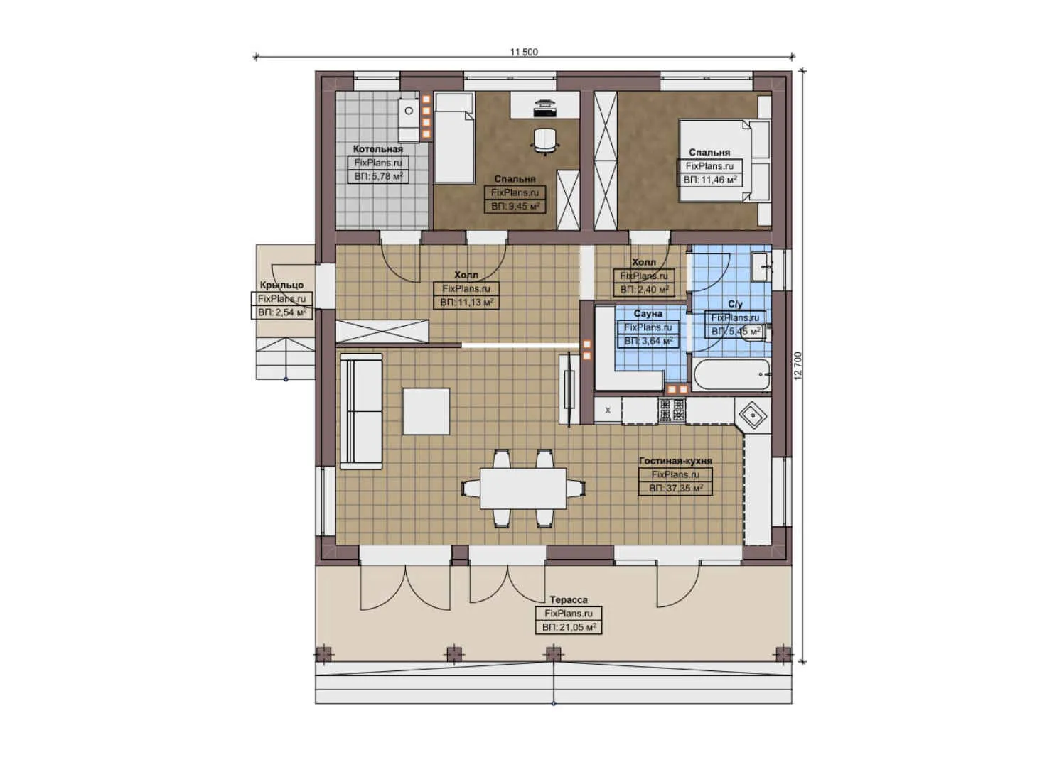 F-9809 - План одноэтажного дома 12 на 13, площадью 110 м² с террасой, баней и 2 спальнями