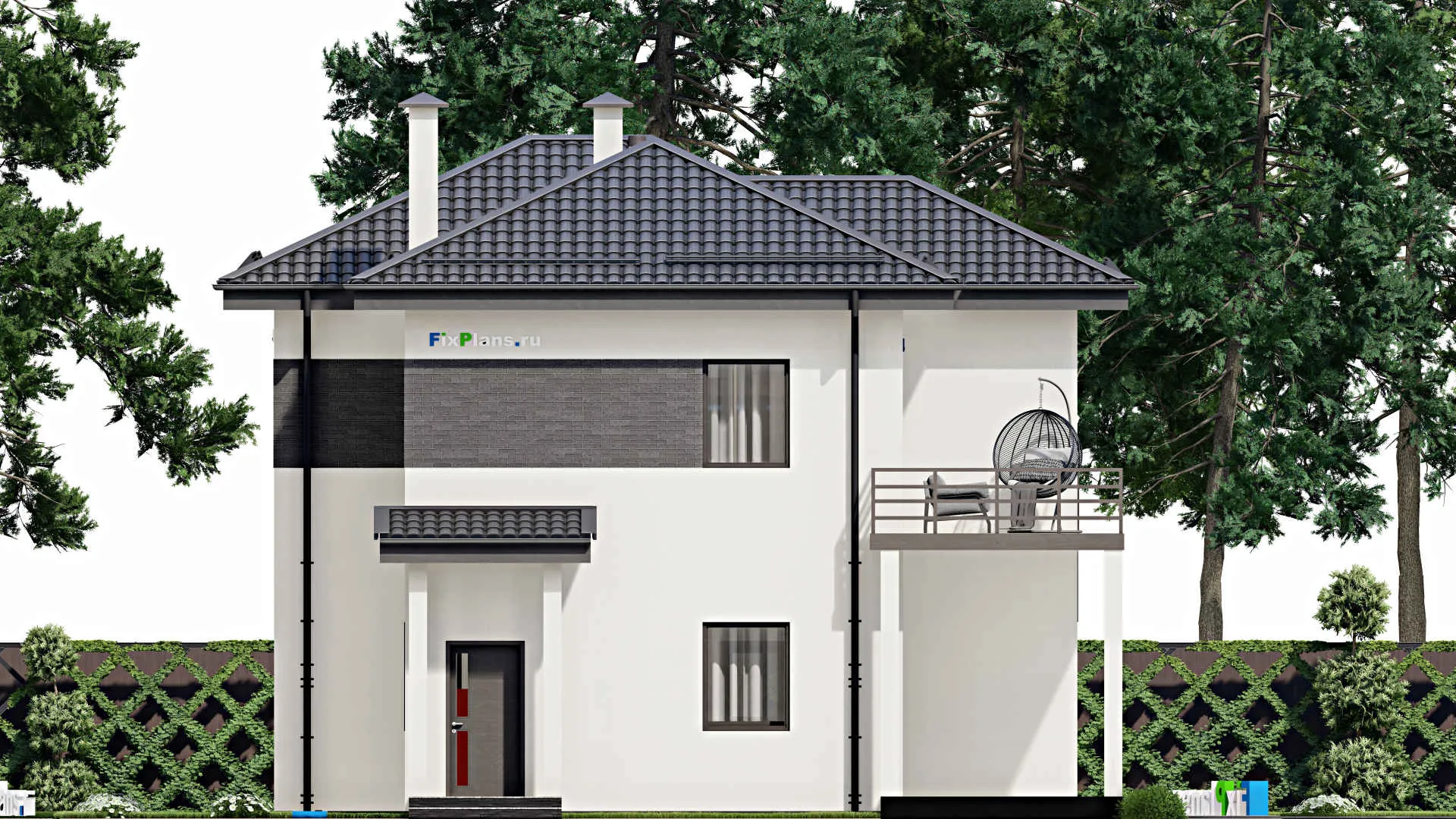 F-5075 - Проект двухэтажного дома 12 на 12, площадью 200 м² с террасой, балконом и 4 спальнями