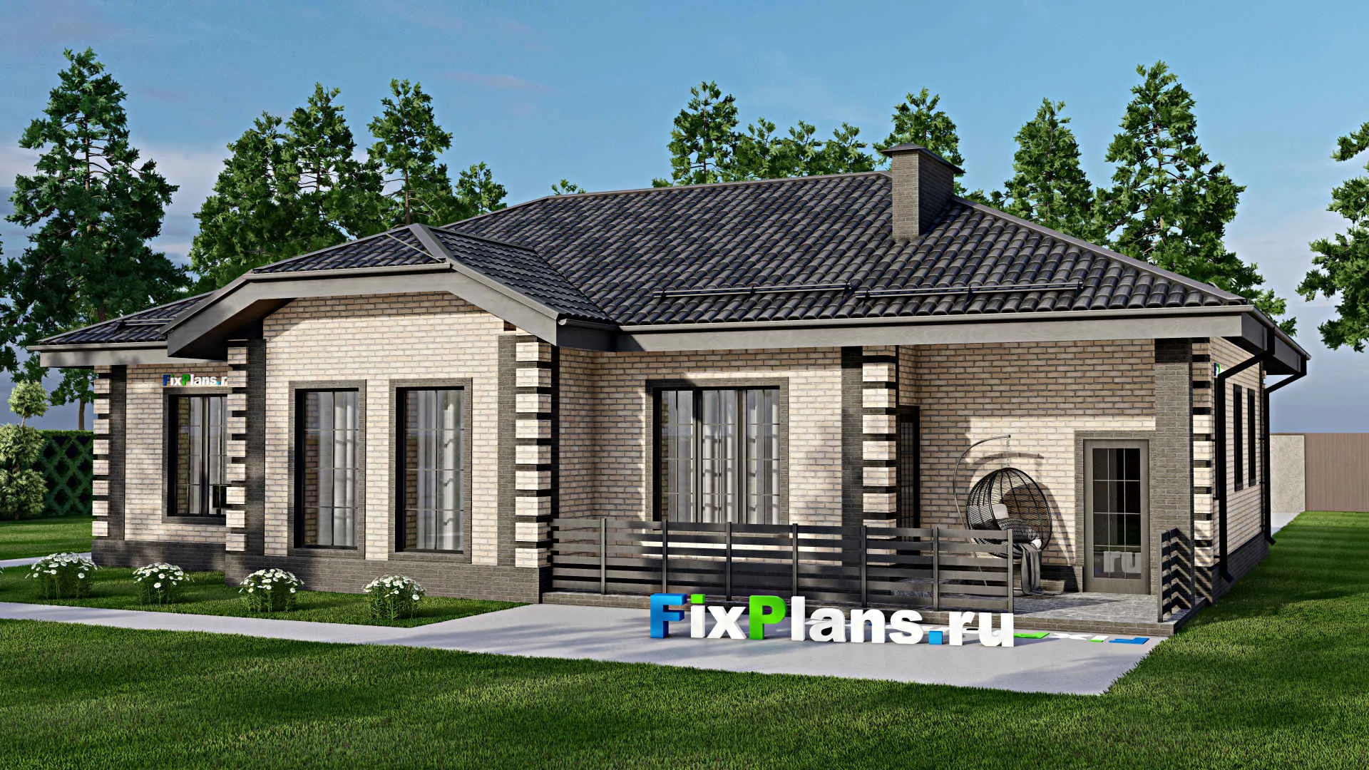 F-5561 - План одноэтажного дома 13 на 18, площадью 190 м² с террасой, гаражом на 1 машину и 3 спальнями