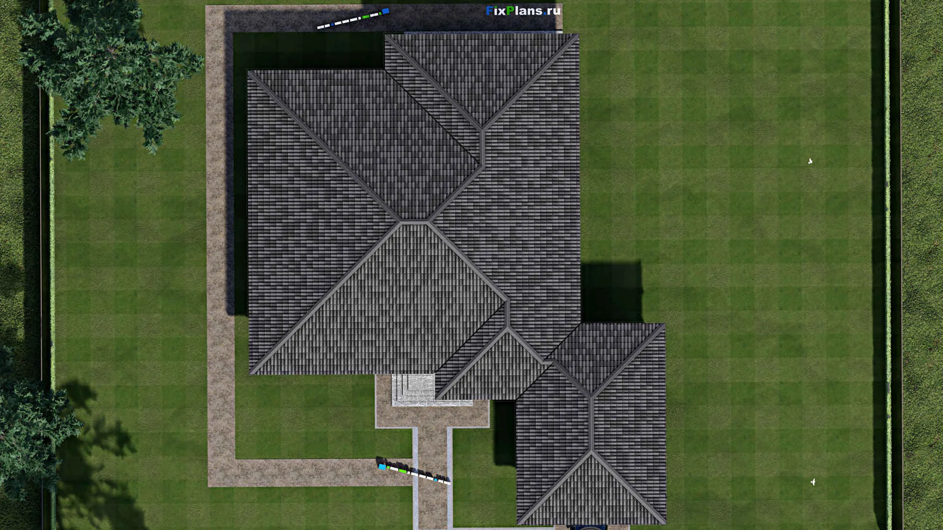 F-1808 - Проект одноэтажного дома 21 на 24, площадью 270 м² с террасой, гаражом на 2 машины и 4 спальнями