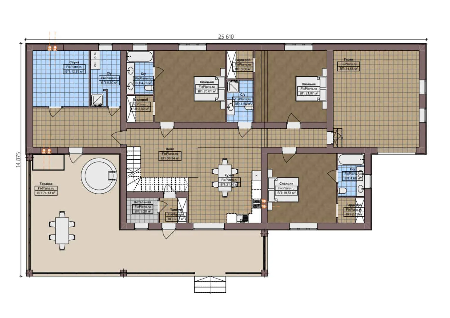 F-3779 - Планы дома с мансардой 15 на 26, площадью 400 м² с террасой, балконом, баней, гаражом на 1 машину и 3 спальнями