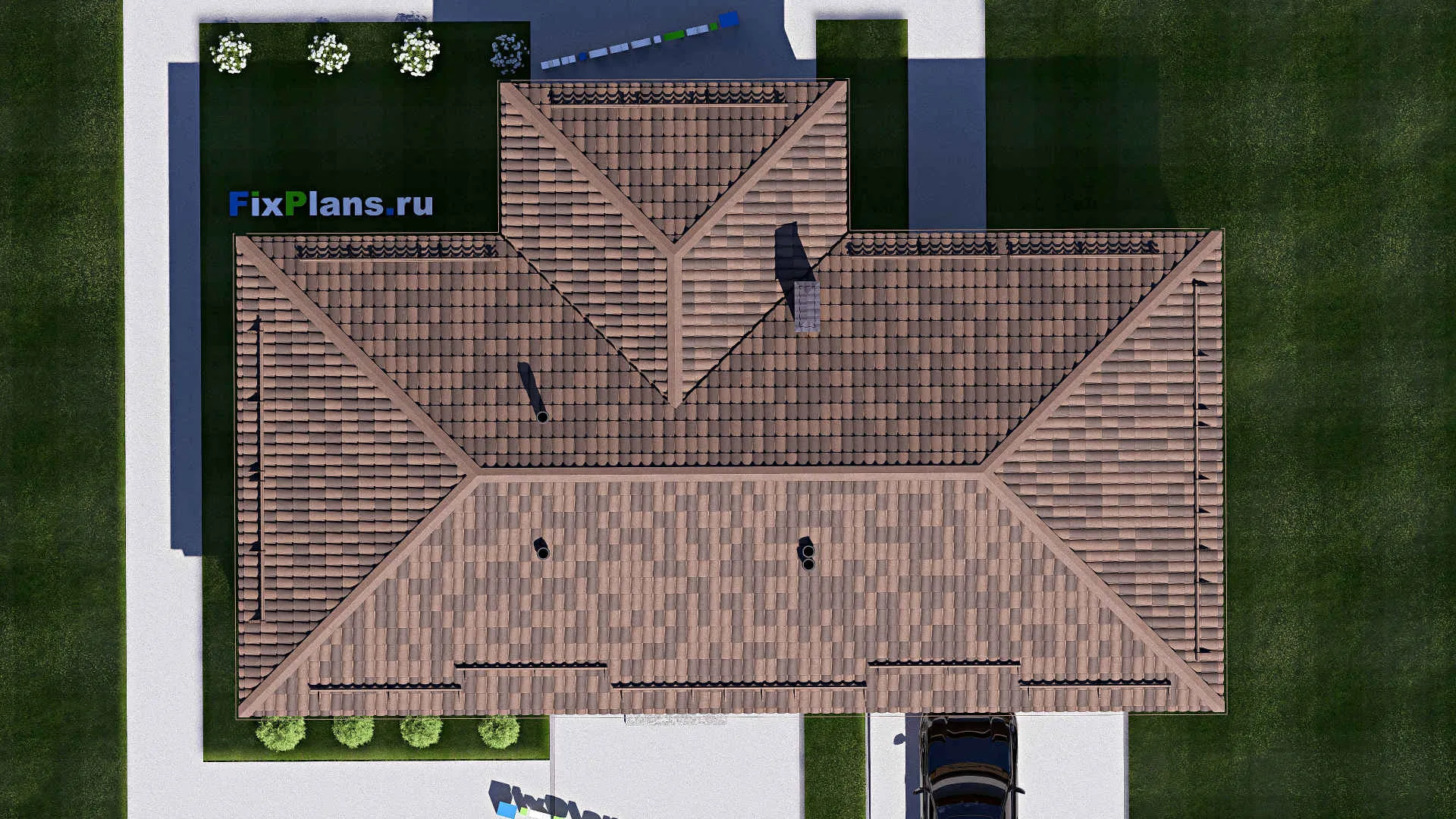 F-19979 - Проект одноэтажного дома 12 на 19, площадью 150 м² с террасой, гаражом на 2 машины и 2 спальнями