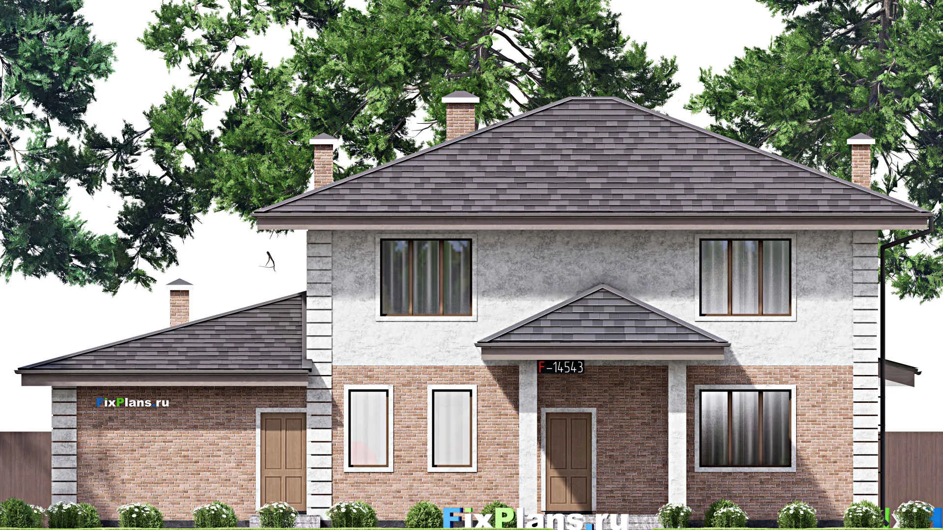 F-14543 - Проект двухэтажного дома 17 на 18, площадью 310 м² с террасой, баней, спортзалом и 6 спальнями