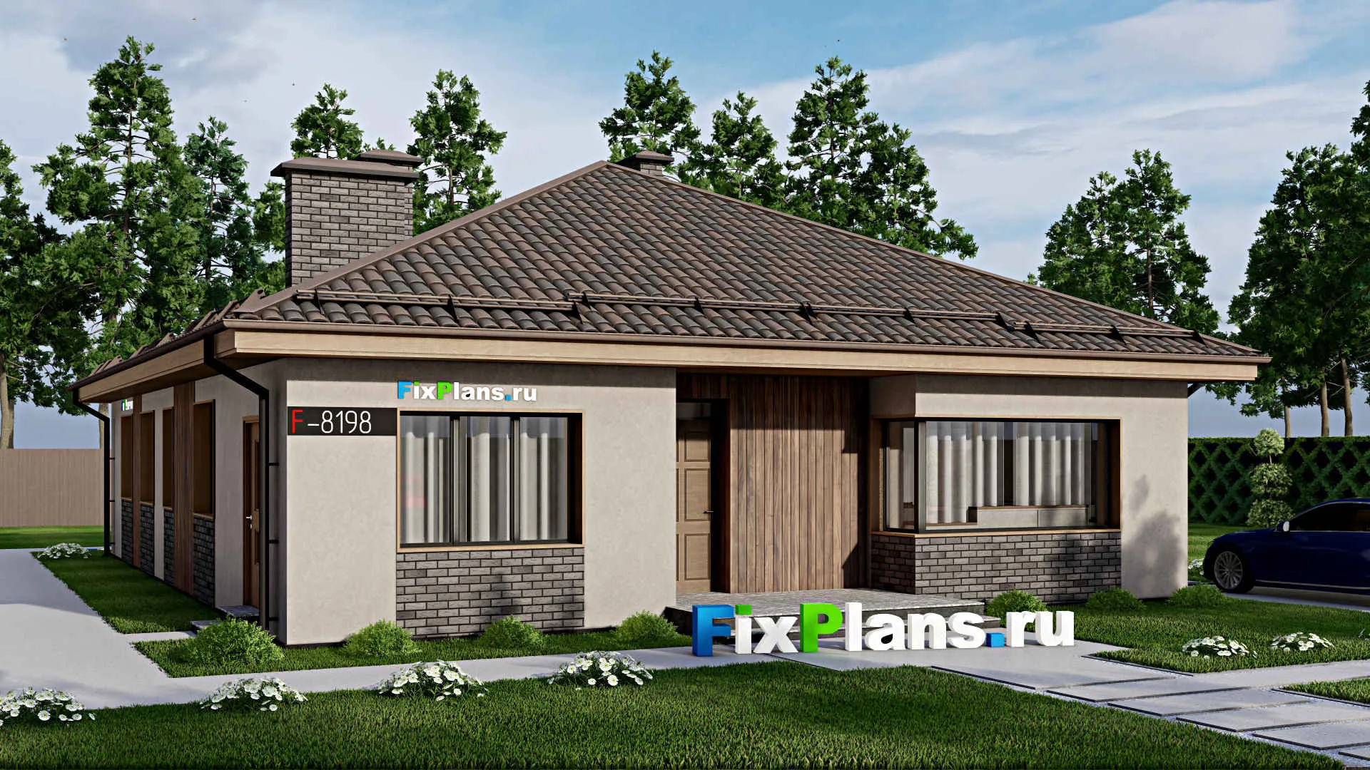 F-8198 - Проект одноэтажного дома 12 на 16, площадью 150 м² с террасой и 4 спальнями