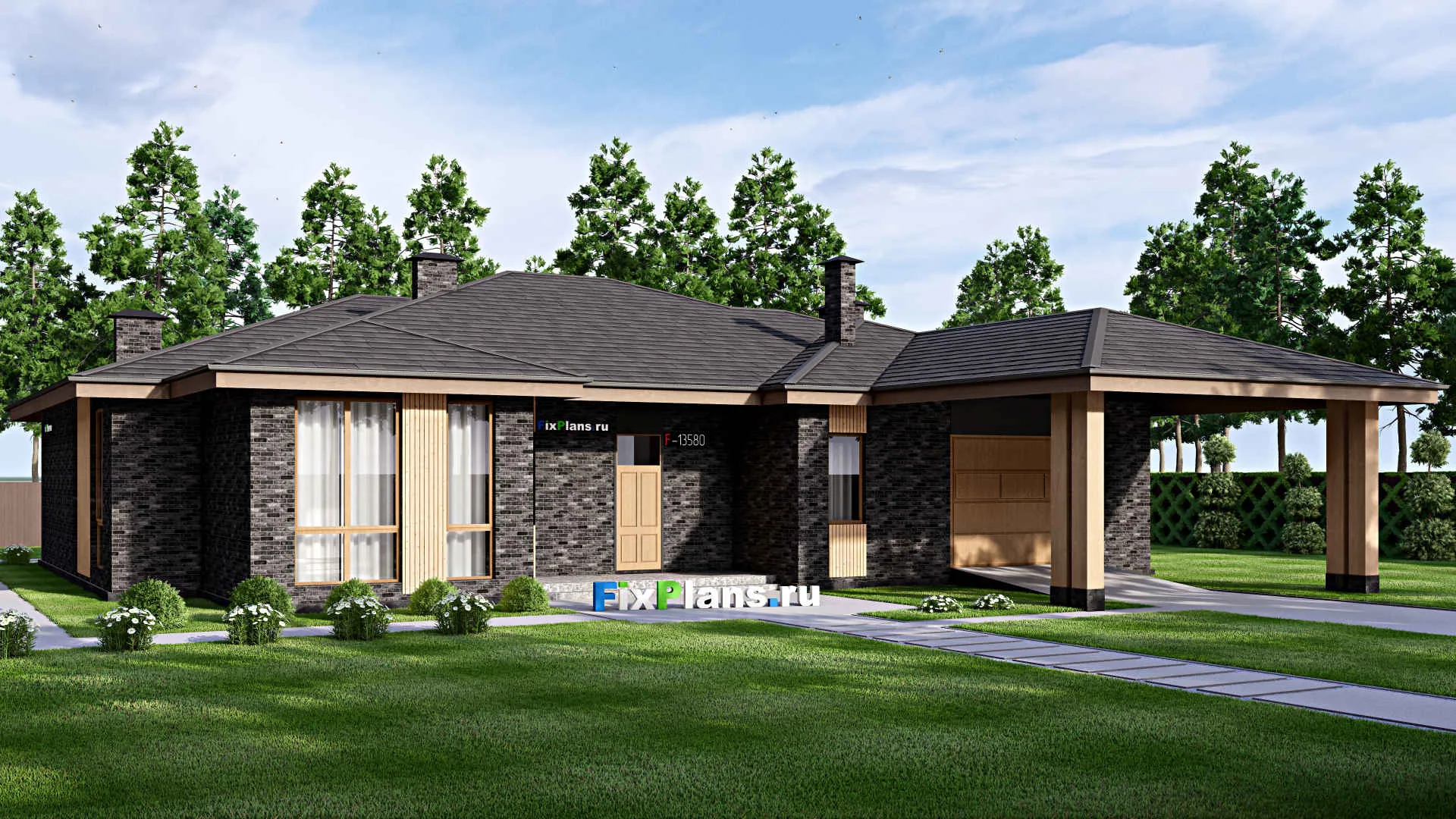 F-13580 - Проект одноэтажного дома 19 на 22, площадью 310 м² с гаражом на 2 машины и 3 спальнями