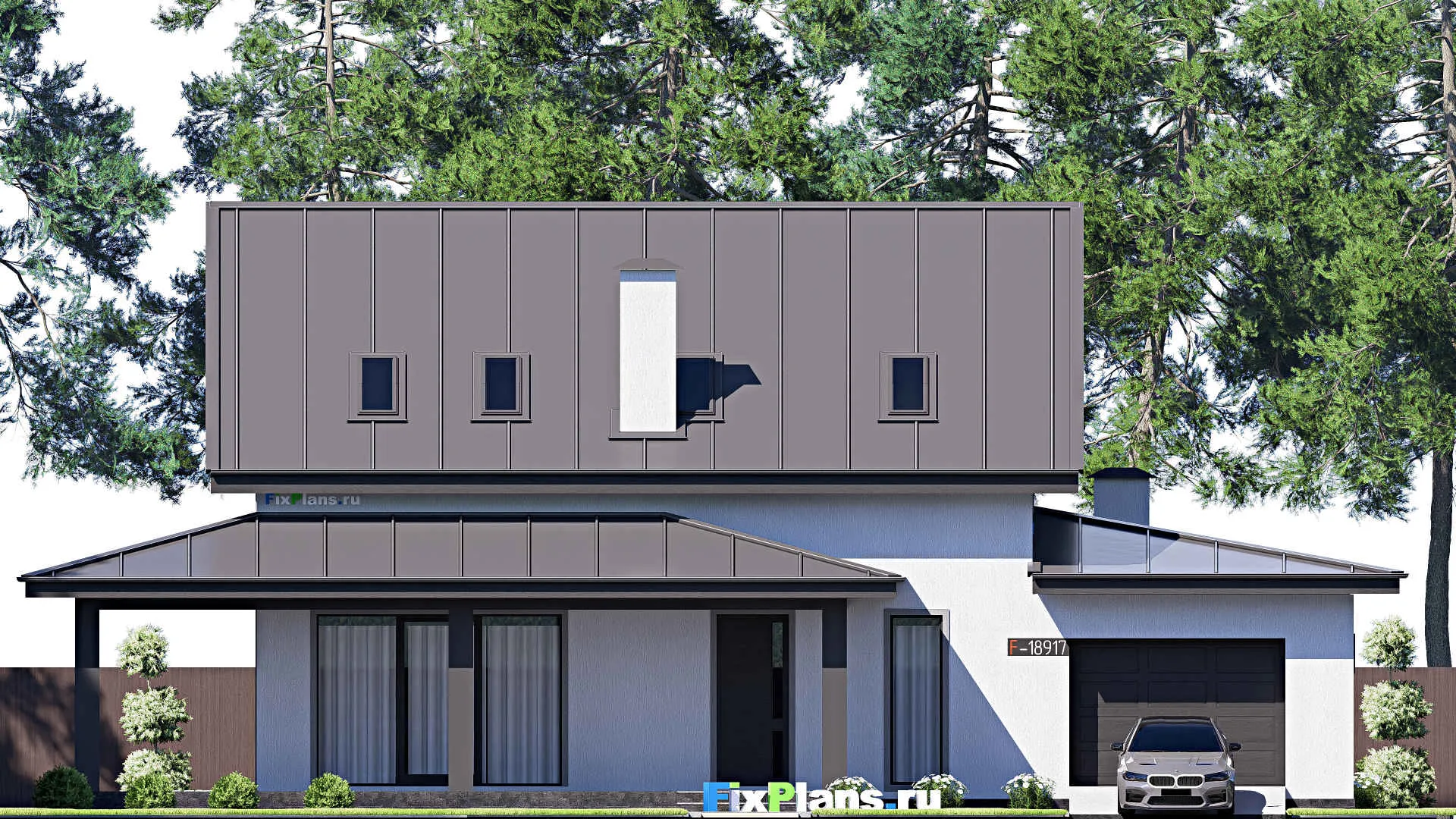 F-18917 - Проект дома с мансардой 14 на 21, площадью 320 м² с террасой, гаражом на 2 машины и 4 спальнями