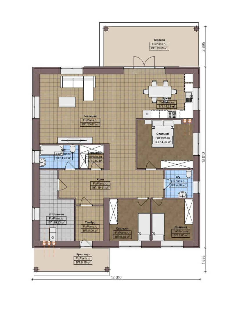 F-4355 - План одноэтажного дома 13 на 14, площадью 160 м² с террасой и 3 спальнями
