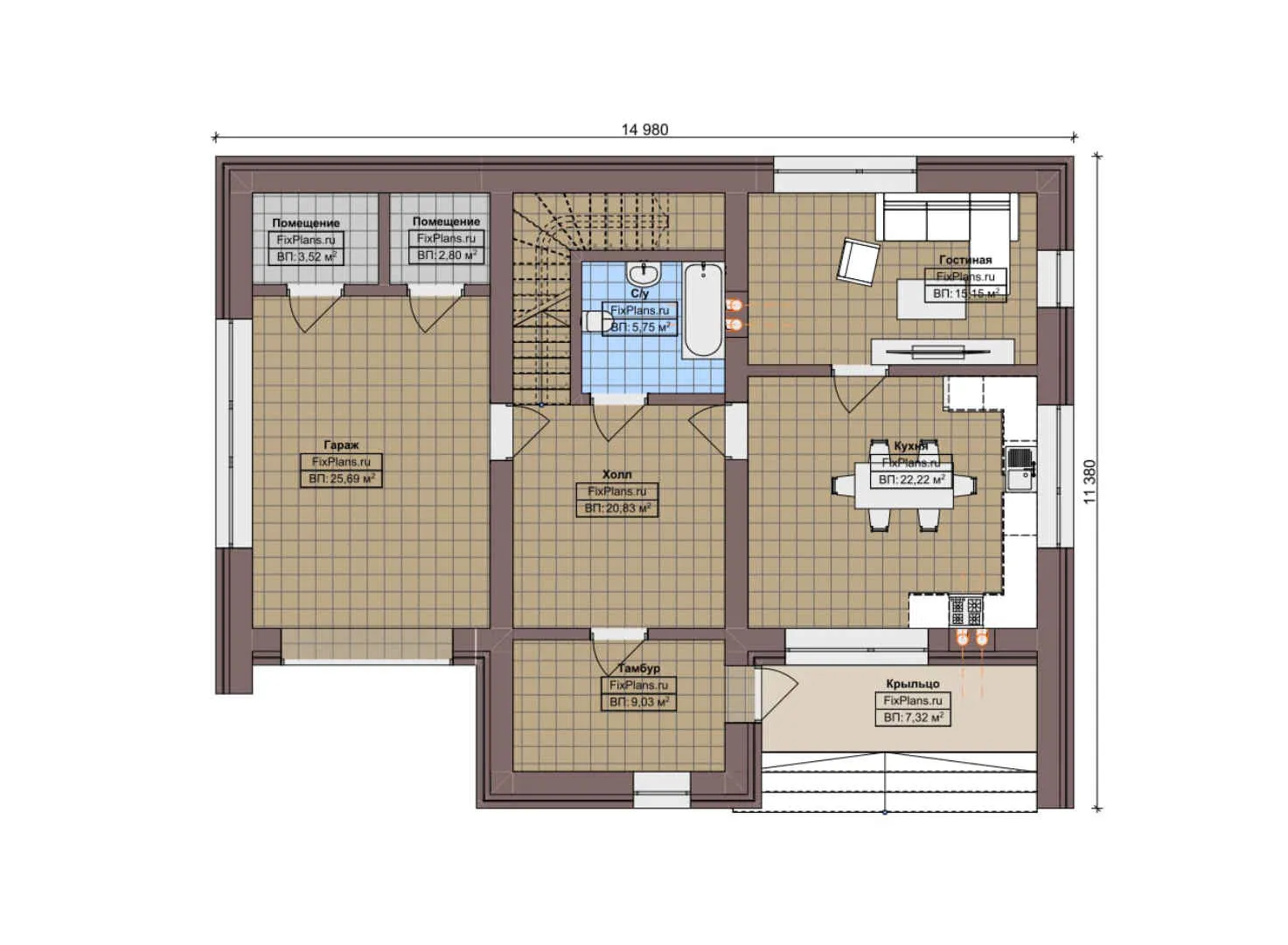 F-3734 - Планы дома с мансардой 12 на 15, площадью 200 м² с балконом, гаражом на 1 машину и 2 спальнями