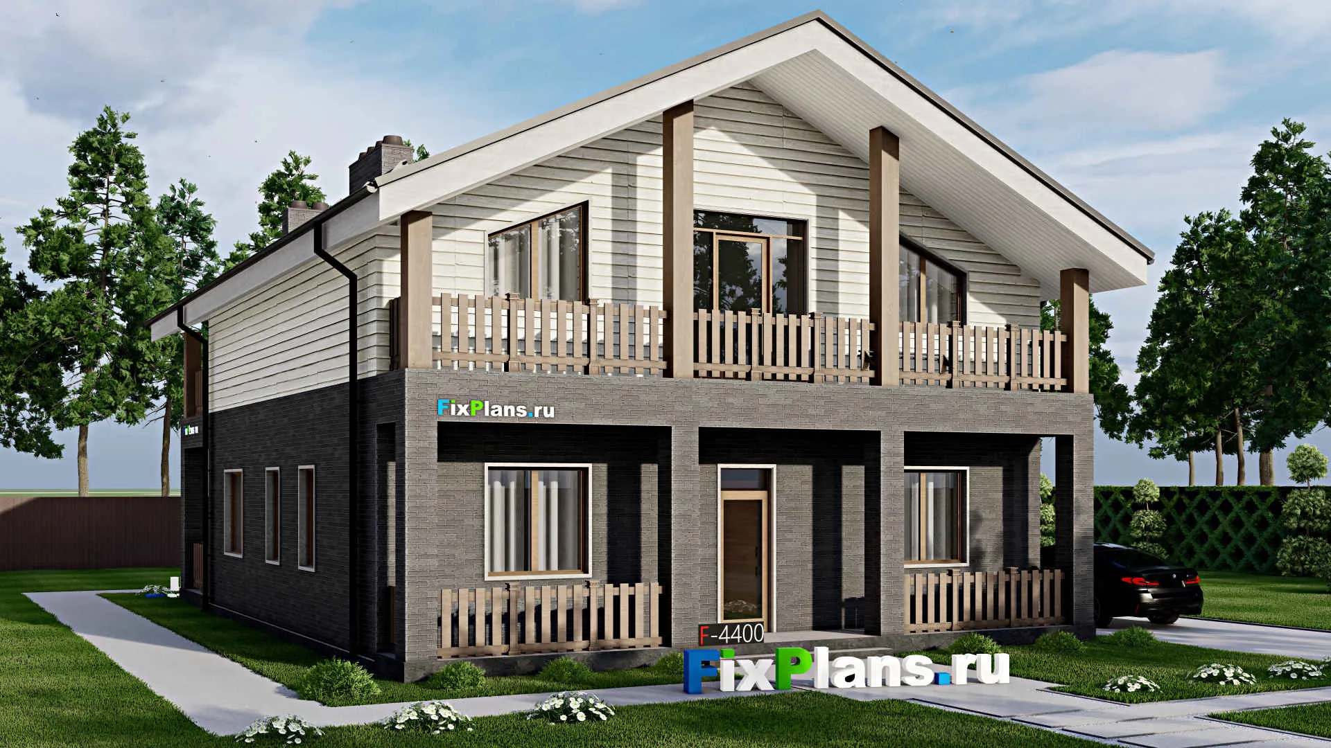 F-4400 - Проект двухэтажного дома 10 на 11, площадью 280 м² с террасой, балконом и 3 спальнями