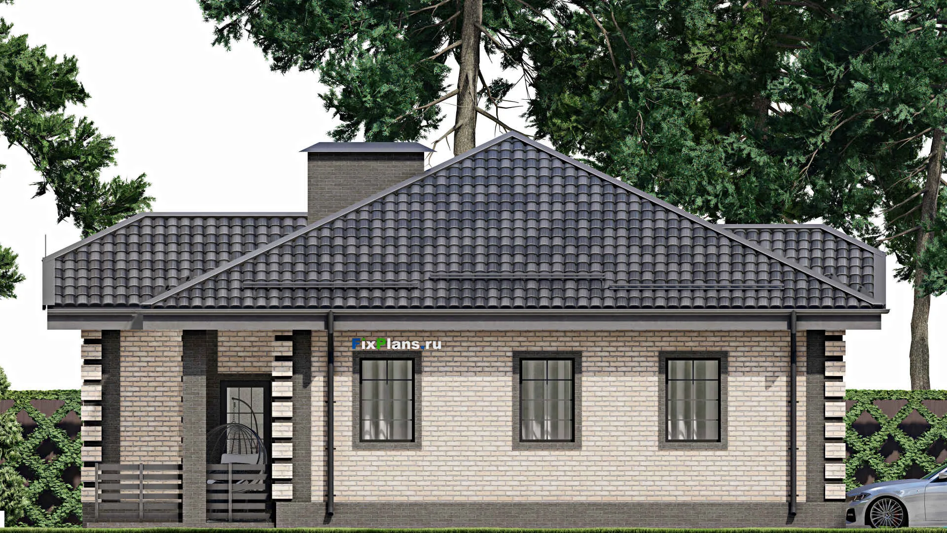 F-5561 - План одноэтажного дома 13 на 18, площадью 190 м² с террасой, гаражом на 1 машину и 3 спальнями