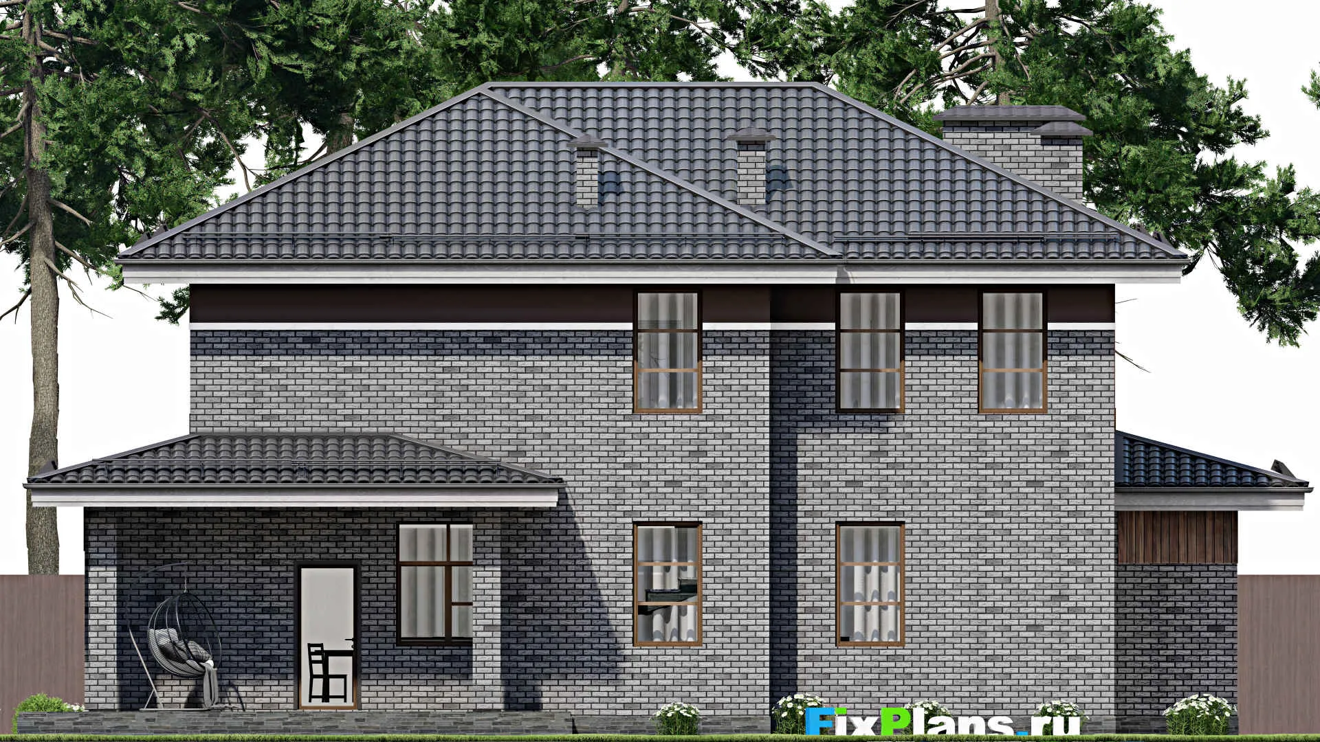 F-9989 - Проект двухэтажного дома 17 на 18, площадью 270 м² с террасой, балконом, гаражом на 2 машины и 3 спальнями