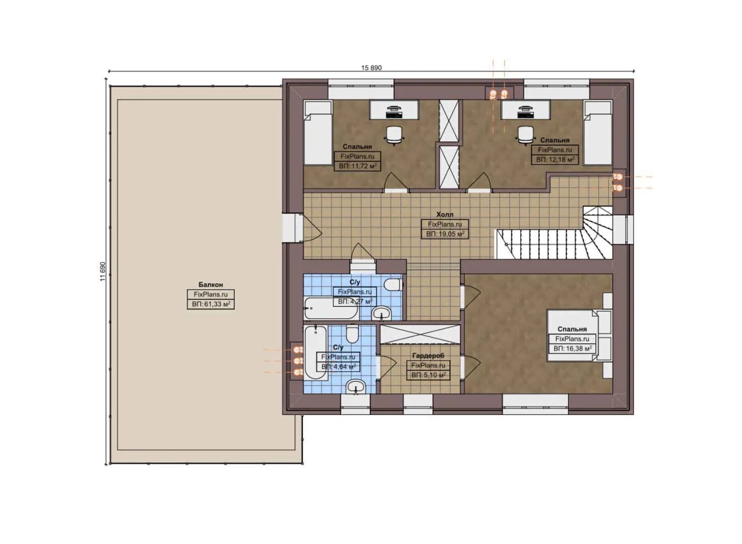 F-7784 - Планы двухэтажного дома 12 на 17, площадью 280 м² с балконом, баней, гаражом на 1 машину и 4 спальнями