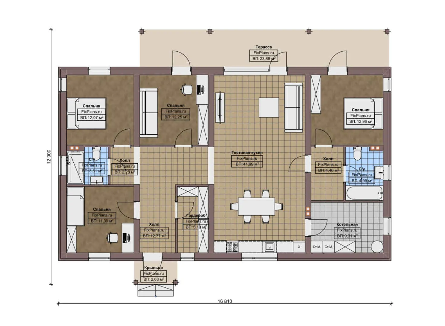 F-11411 - План одноэтажного дома 13 на 17, площадью 160 м² с террасой и 4 спальнями