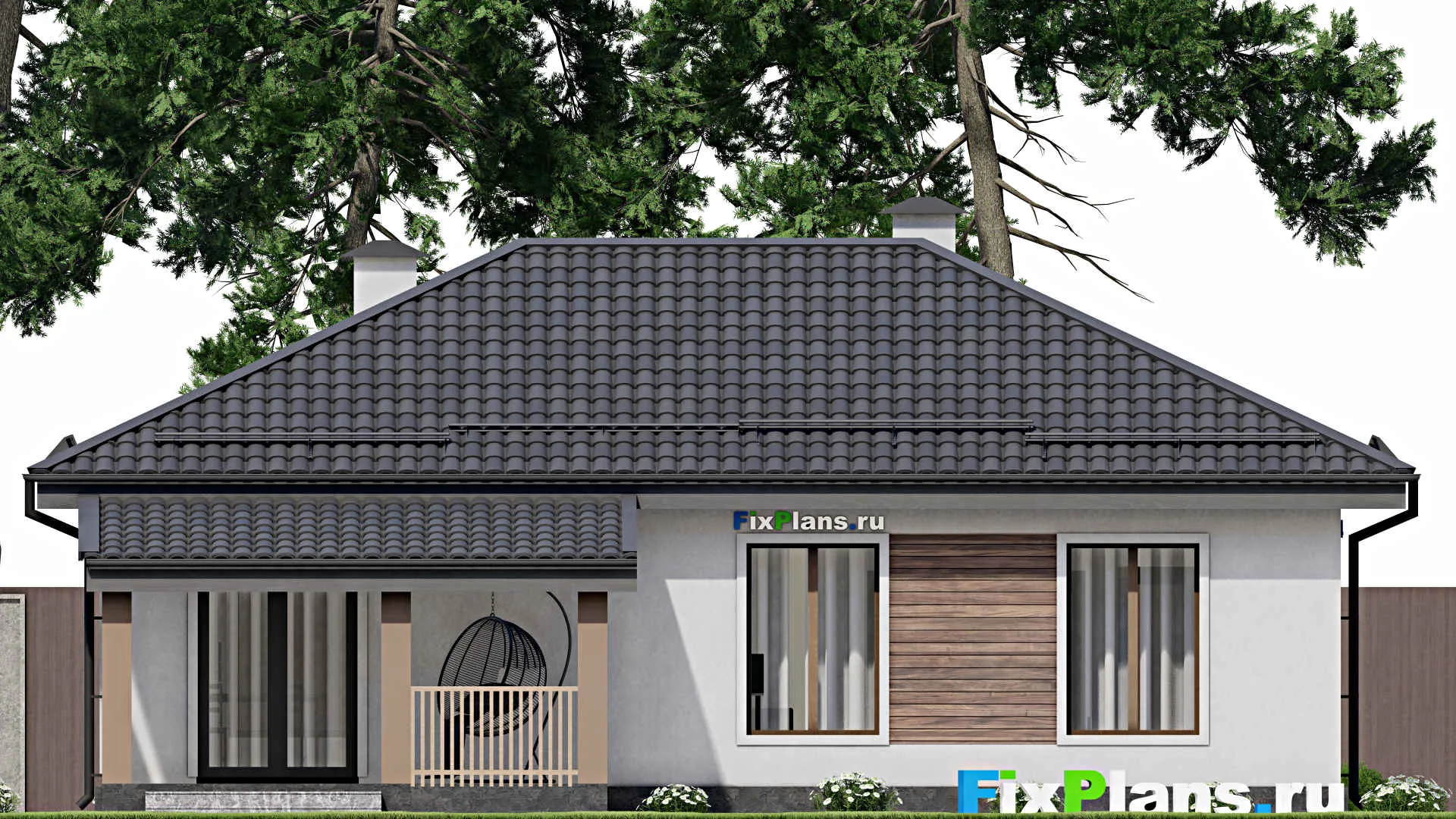 F-9683 - Проект одноэтажного дома 13 на 13, площадью 100 м² с террасой и 3 спальнями