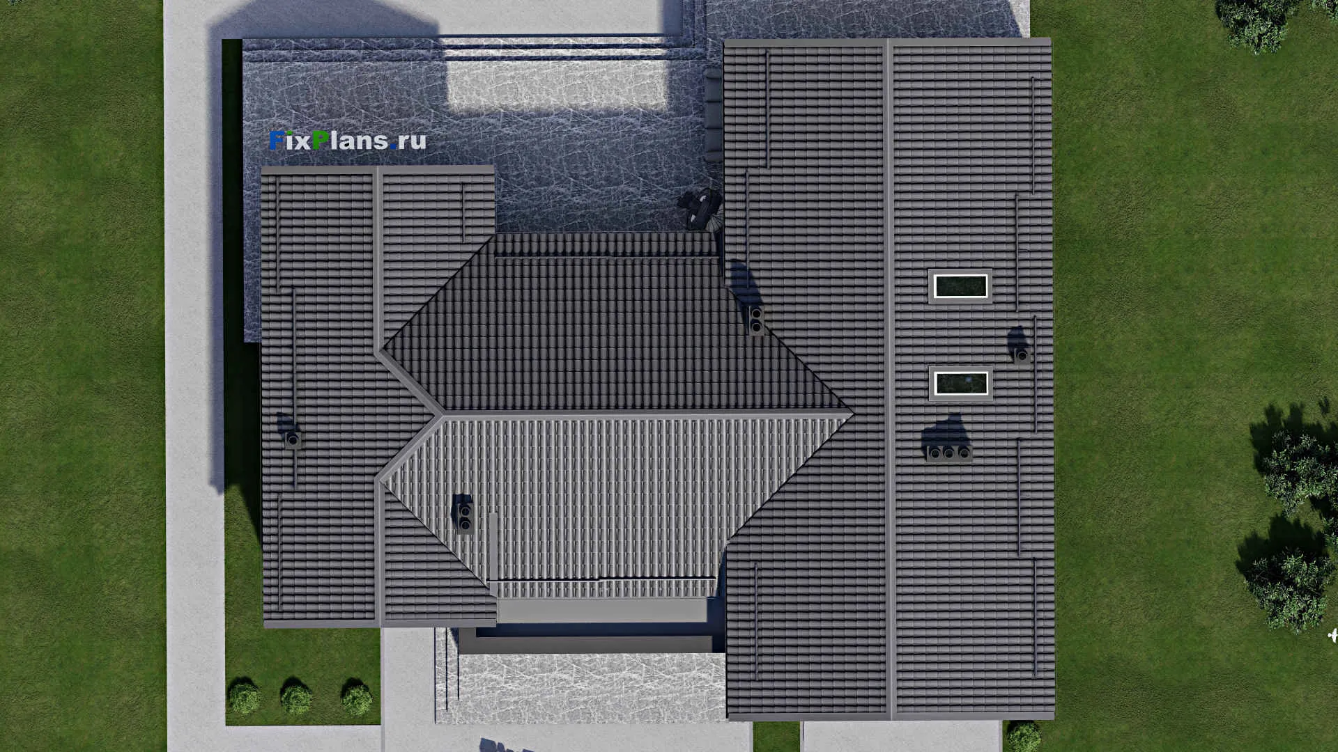 F-3671 - Проект дома с мансардой 17 на 20, площадью 380 м² с террасой, гаражом на 2 машины и 3 спальнями