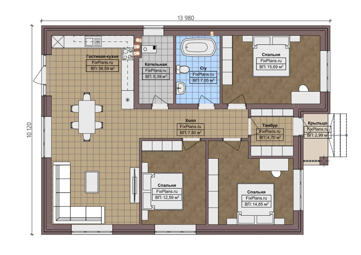 F-0773 - План одноэтажного дома 11 на 14, площадью 110 м² с 3 спальнями
