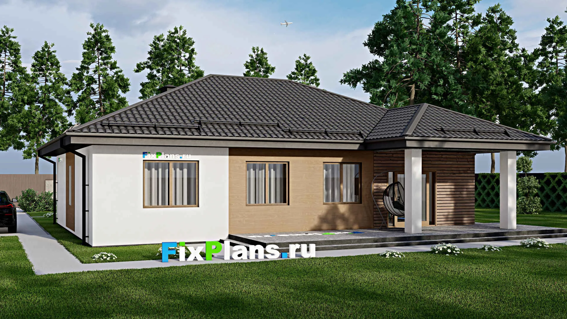 F-3716 - Проект одноэтажного дома 12 на 16, площадью 180 м² с террасой и 4 спальнями