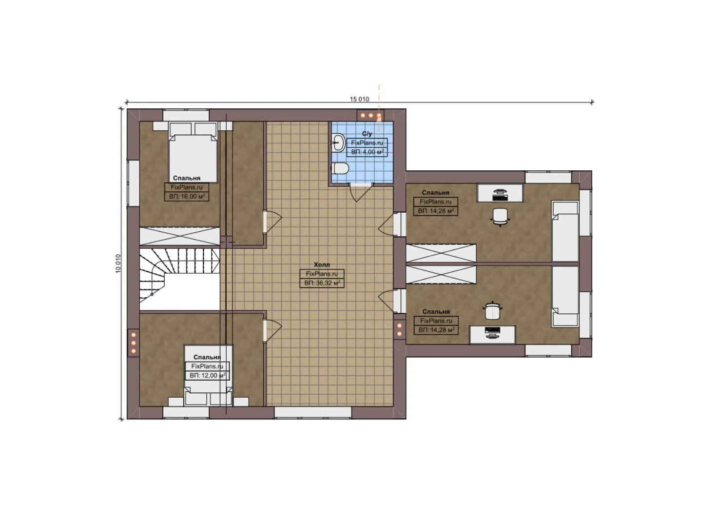 F-9449 - Планы двухэтажного дома 15 на 17, площадью 230 м² с террасой и 5 спальнями