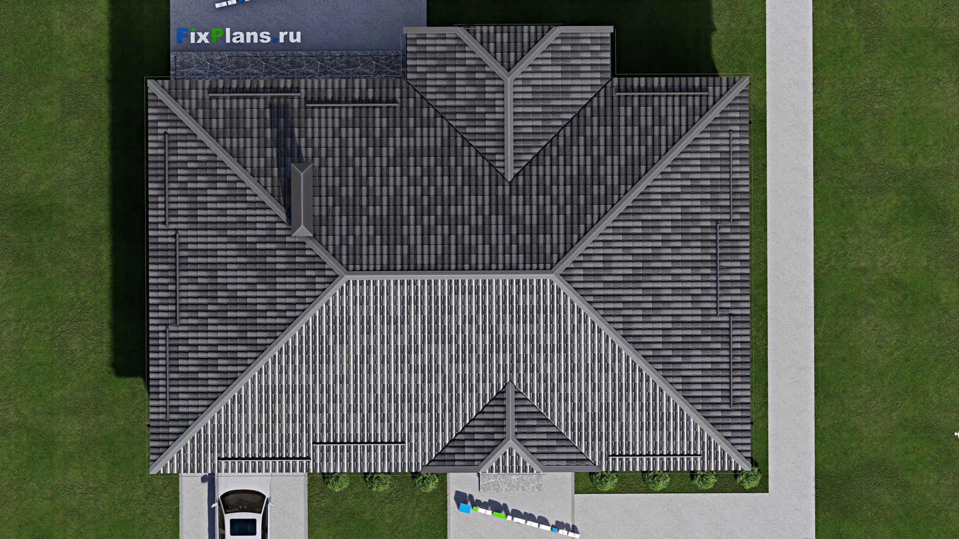 F-5561 - План одноэтажного дома 13 на 18, площадью 190 м² с террасой, гаражом на 1 машину и 3 спальнями