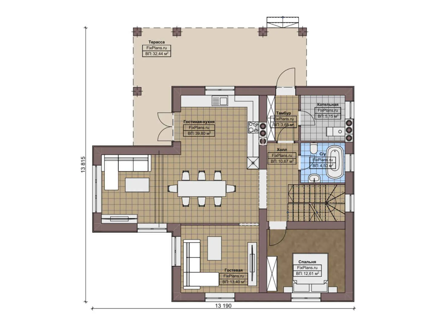 F-7325 - Планы двухэтажного дома 14 на 14, площадью 200 м² с террасой и 4 спальнями