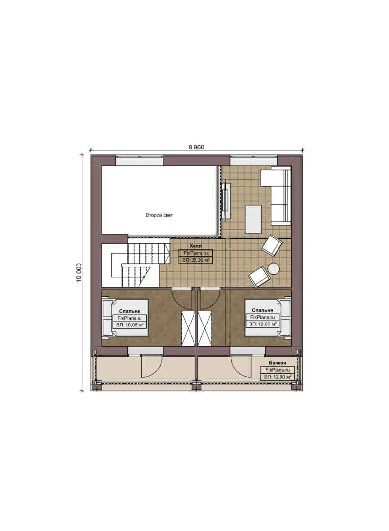 F-4706 - Планы дома с мансардой 9 на 10, площадью 150 м² с террасой, балконом и 3 спальнями