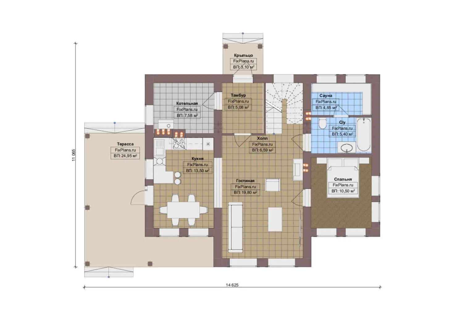 F-15164 - Планы дома с мансардой 12 на 15, площадью 170 м² с террасой, баней и 4 спальнями