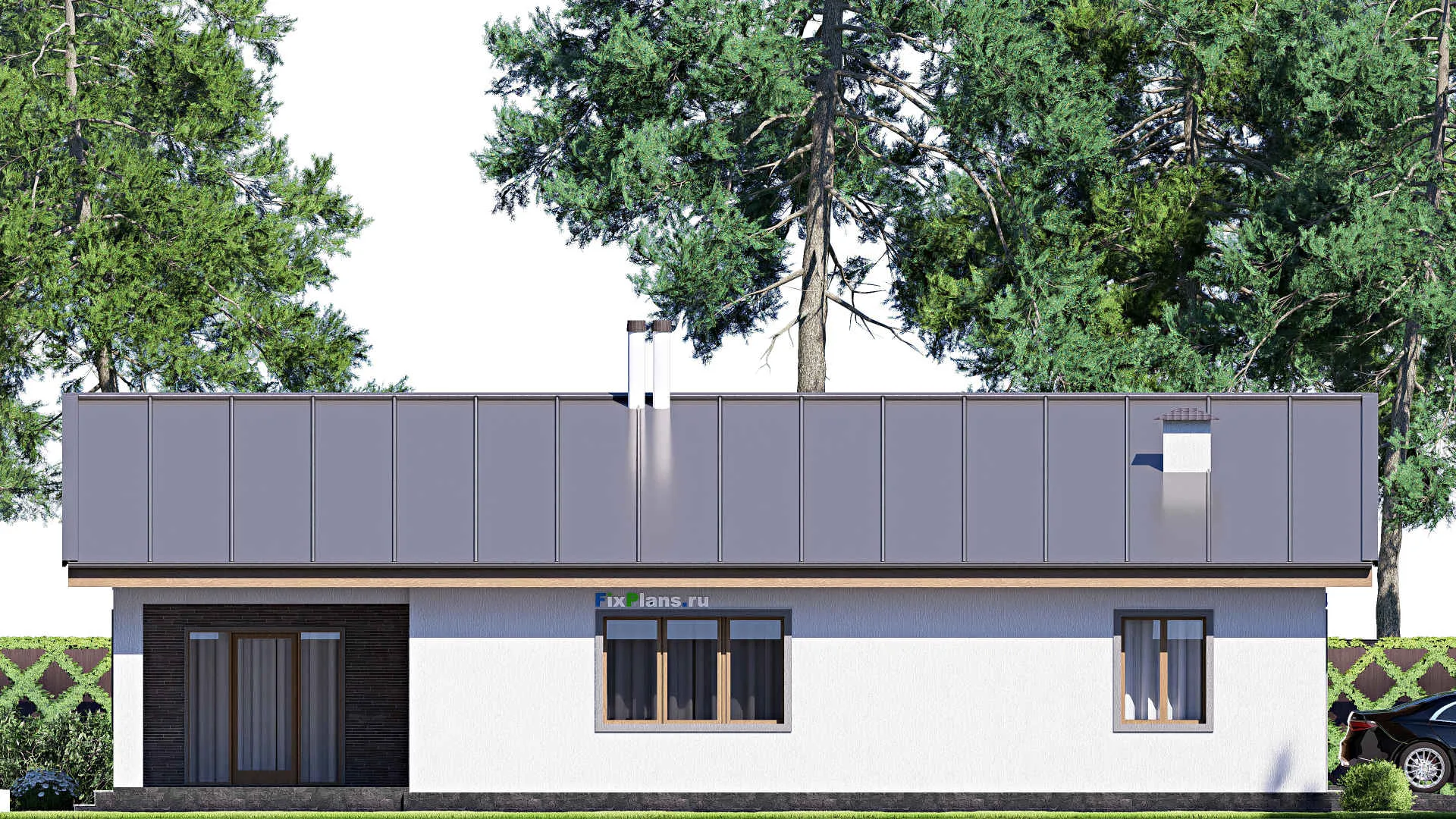 F-19970 - План одноэтажного дома 13 на 17, площадью 170 м² с террасой, гаражом на 1 машину и 3 спальнями