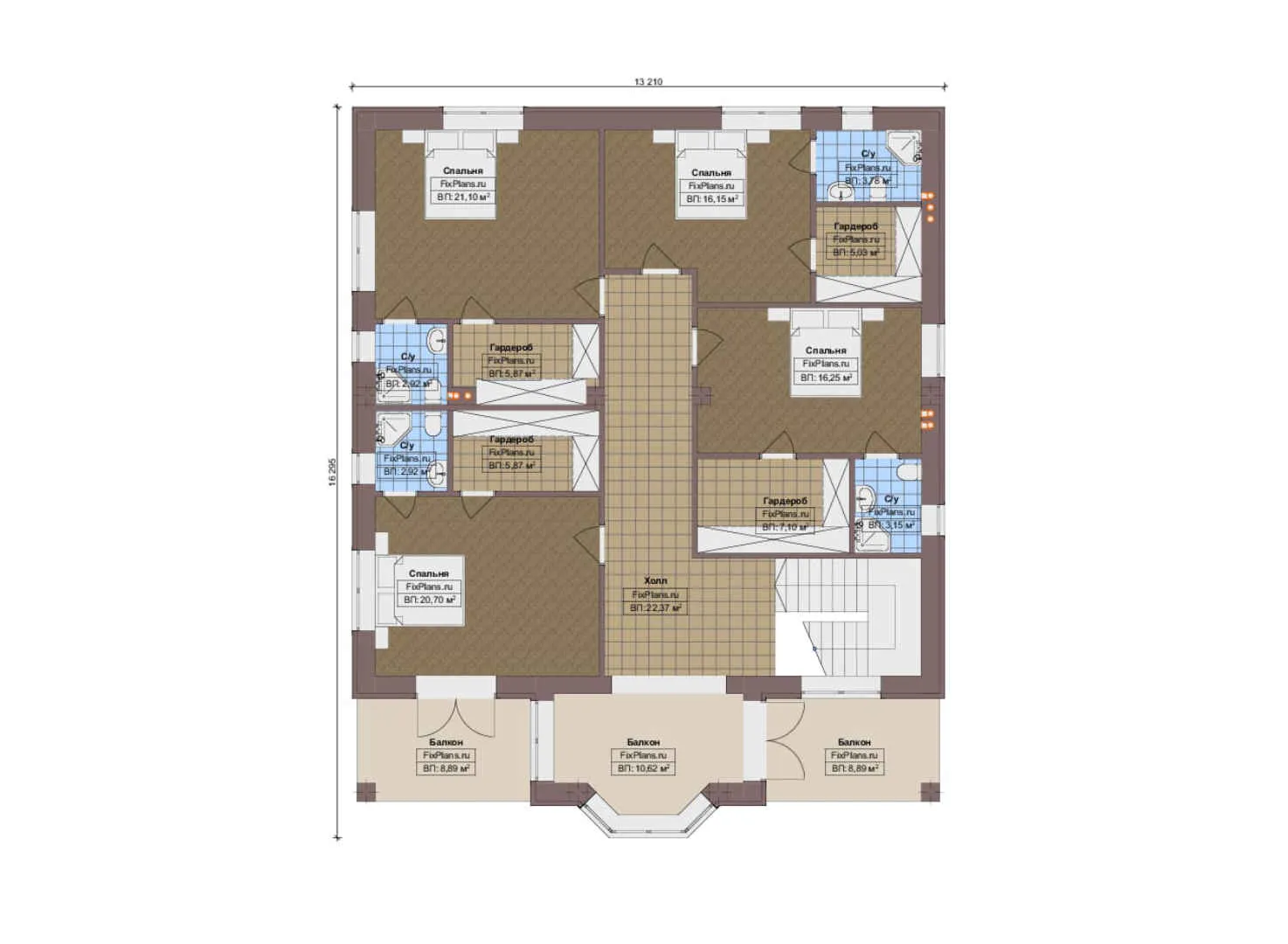F-13832 - Планы двухэтажного дома 14 на 17, площадью 330 м² с террасой, балконом и 5 спальнями