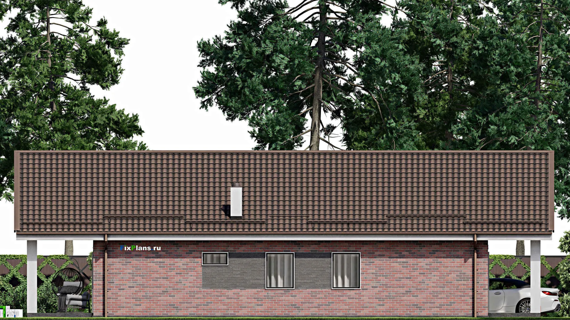 F-3419 - Проект одноэтажного дома 10 на 15, площадью 150 м² с террасой и 4 спальнями