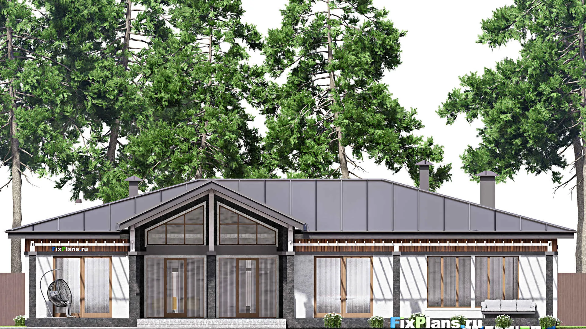 F-15281 - Проект одноэтажного дома 23 на 25, площадью 410 м² с террасой, баней, гаражом на 2 машины и 3 спальнями